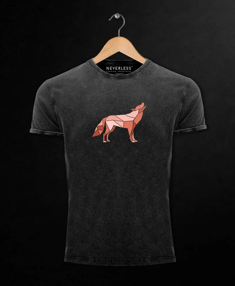 Herren Vintage Shirt Aufdruck Wolf Polygon Print Geometrie Outdoor Wildnins Wandern Printshirt T-Shirt Used Look