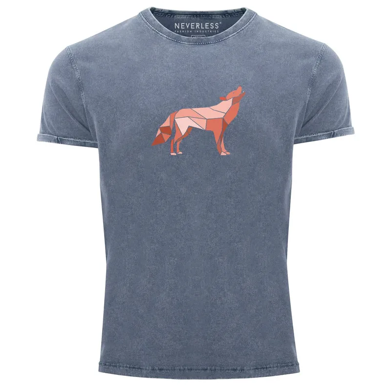 Herren Vintage Shirt Aufdruck Wolf Polygon Print Geometrie Outdoor Wildnins Wandern Printshirt T-Shirt Used Look