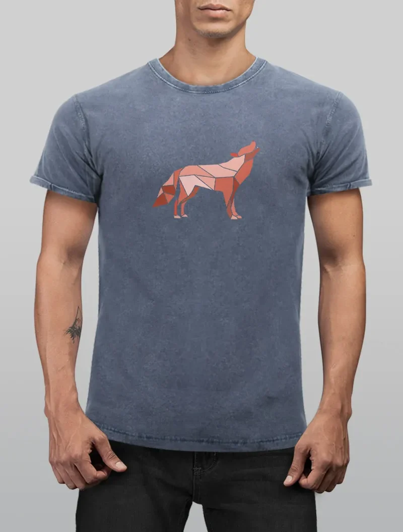 Herren Vintage Shirt Aufdruck Wolf Polygon Print Geometrie Outdoor Wildnins Wandern Printshirt T-Shirt Used Look