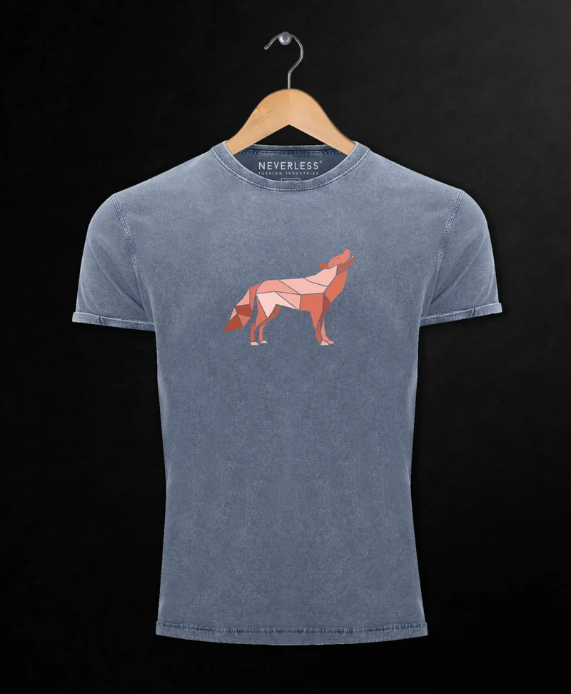 Herren Vintage Shirt Aufdruck Wolf Polygon Print Geometrie Outdoor Wildnins Wandern Printshirt T-Shirt Used Look