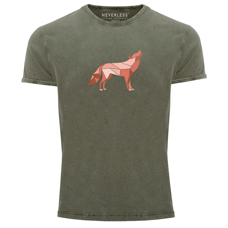 Herren Vintage Shirt Aufdruck Wolf Polygon Print Geometrie Outdoor Wildnins Wandern Printshirt T-Shirt Used Look