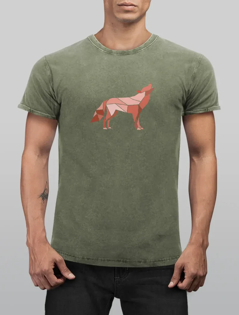 Herren Vintage Shirt Aufdruck Wolf Polygon Print Geometrie Outdoor Wildnins Wandern Printshirt T-Shirt Used Look