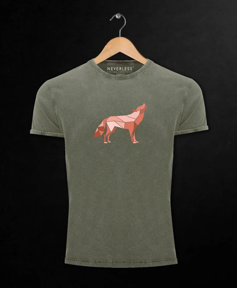 Herren Vintage Shirt Aufdruck Wolf Polygon Print Geometrie Outdoor Wildnins Wandern Printshirt T-Shirt Used Look