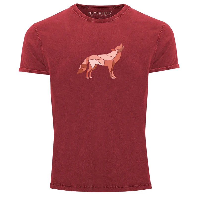 Herren Vintage Shirt Aufdruck Wolf Polygon Print Geometrie Outdoor Wildnins Wandern Printshirt T-Shirt Used Look