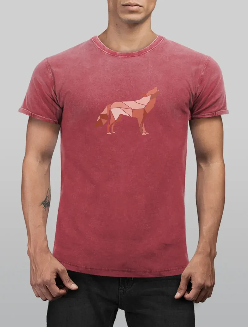 Herren Vintage Shirt Aufdruck Wolf Polygon Print Geometrie Outdoor Wildnins Wandern Printshirt T-Shirt Used Look