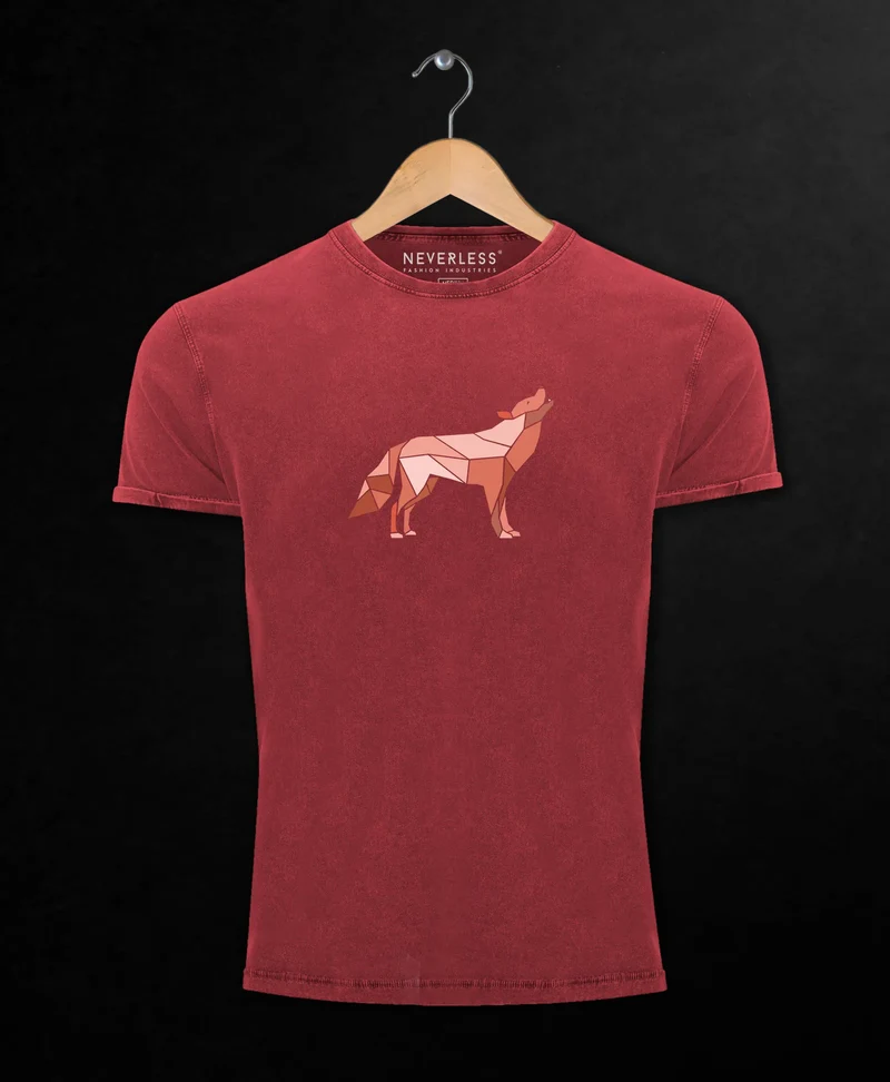 Herren Vintage Shirt Aufdruck Wolf Polygon Print Geometrie Outdoor Wildnins Wandern Printshirt T-Shirt Used Look