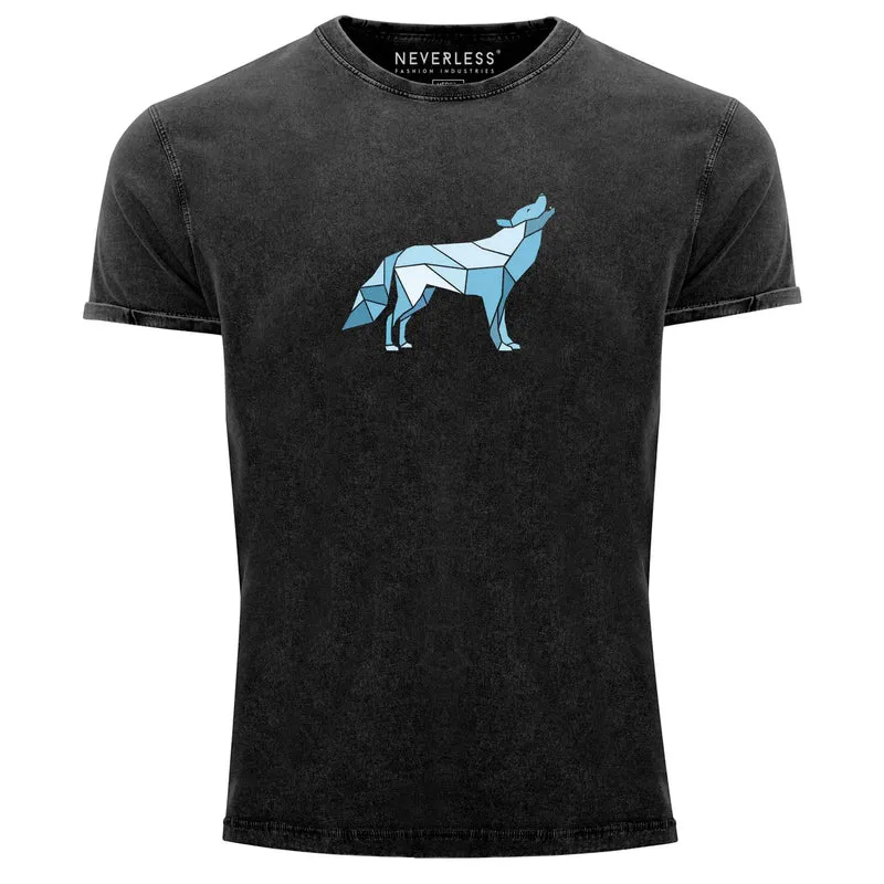 Herren Vintage Shirt Aufdruck Wolf Polygon Print Geometrie Outdoor Wildnins Wandern Printshirt Aufdruck Used Look