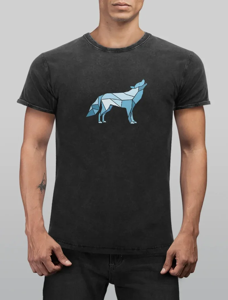 Herren Vintage Shirt Aufdruck Wolf Polygon Print Geometrie Outdoor Wildnins Wandern Printshirt Aufdruck Used Look