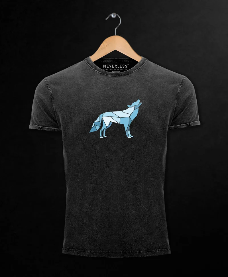 Herren Vintage Shirt Aufdruck Wolf Polygon Print Geometrie Outdoor Wildnins Wandern Printshirt Aufdruck Used Look