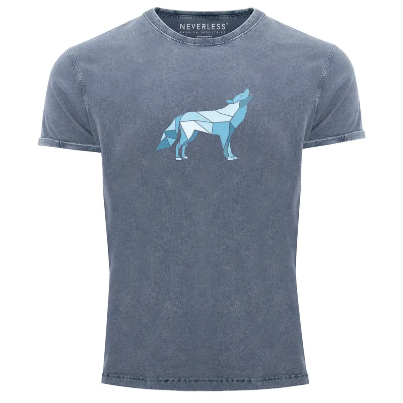 Herren Vintage Shirt Aufdruck Wolf Polygon Print Geometrie Outdoor Wildnins Wandern Printshirt Aufdruck Used Look