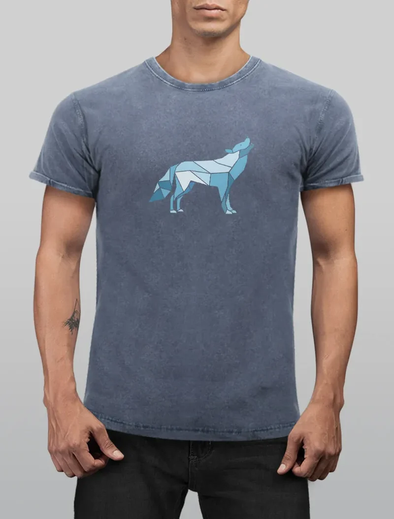 Herren Vintage Shirt Aufdruck Wolf Polygon Print Geometrie Outdoor Wildnins Wandern Printshirt Aufdruck Used Look