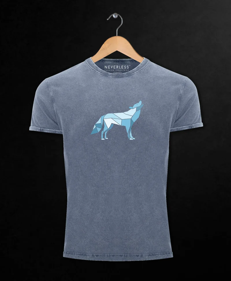 Herren Vintage Shirt Aufdruck Wolf Polygon Print Geometrie Outdoor Wildnins Wandern Printshirt Aufdruck Used Look