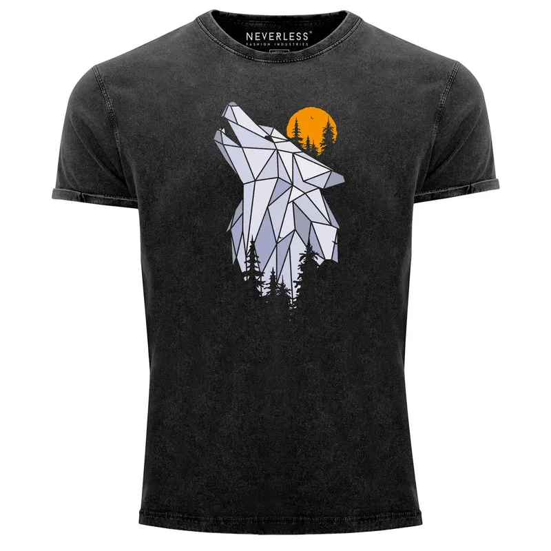 Herren Vintage Shirt Polygon Print Wolf Wald Outdoor Adventure Natur Tiermotiv Fashion Streetstyle