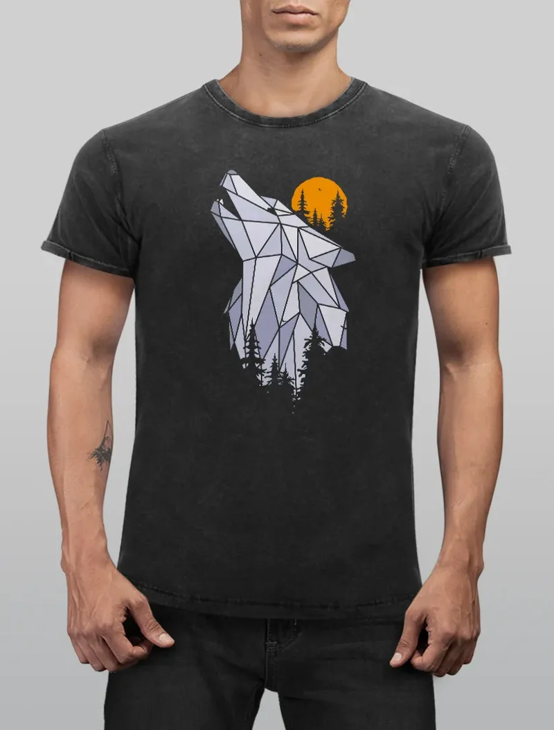 Herren Vintage Shirt Polygon Print Wolf Wald Outdoor Adventure Natur Tiermotiv Fashion Streetstyle