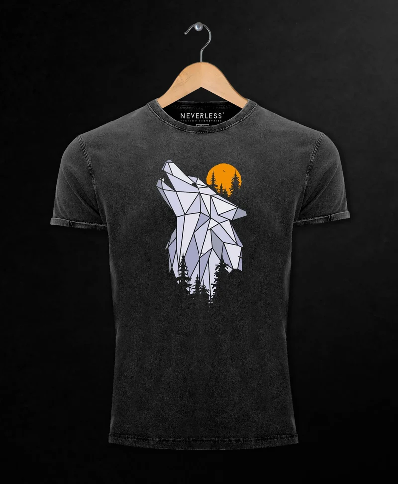 Herren Vintage Shirt Polygon Print Wolf Wald Outdoor Adventure Natur Tiermotiv Fashion Streetstyle