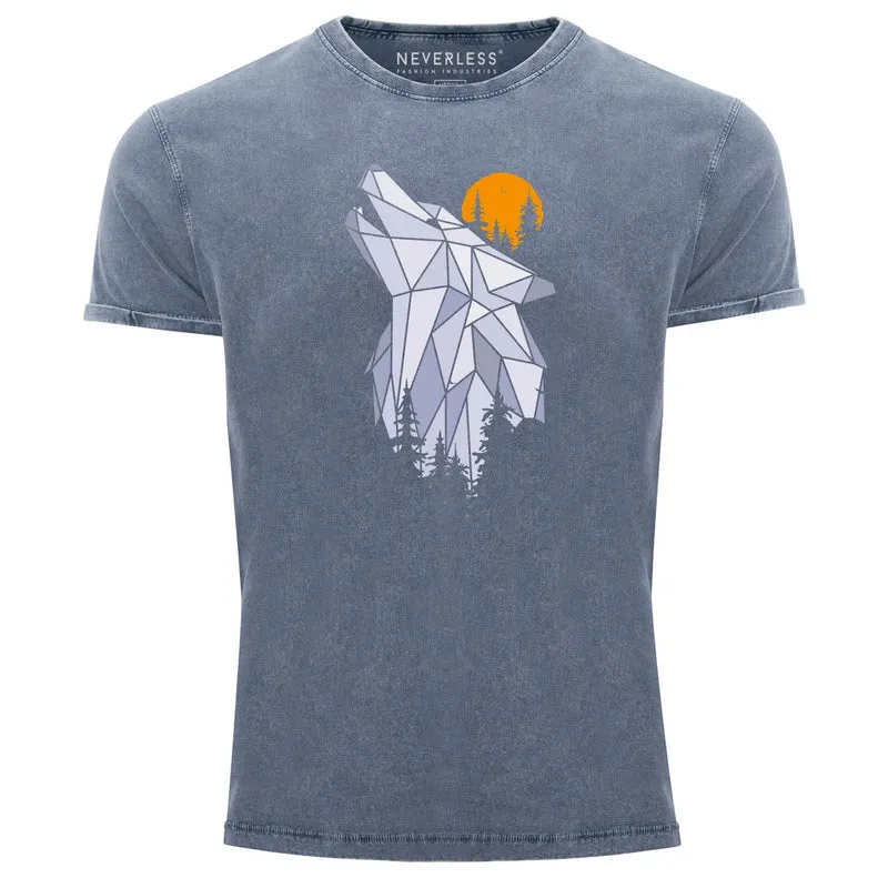 Herren Vintage Shirt Polygon Print Wolf Wald Outdoor Adventure Natur Tiermotiv Fashion Streetstyle