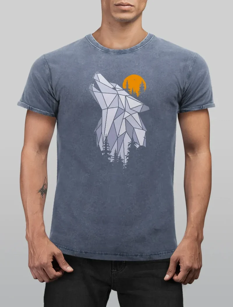 Herren Vintage Shirt Polygon Print Wolf Wald Outdoor Adventure Natur Tiermotiv Fashion Streetstyle