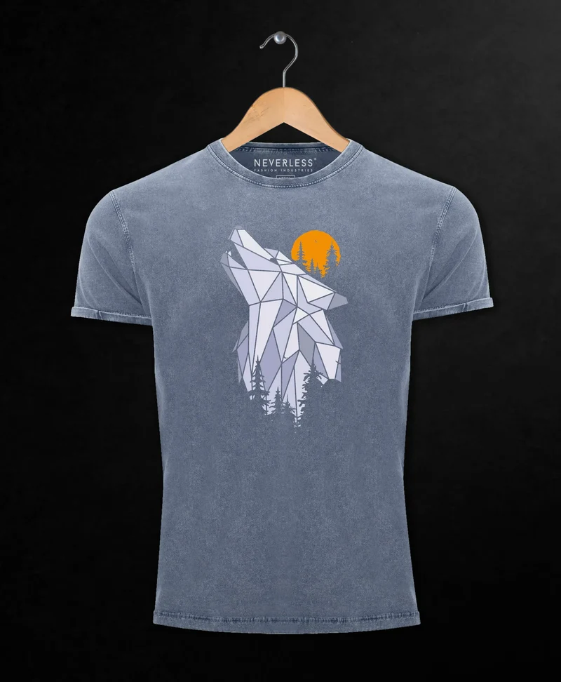 Herren Vintage Shirt Polygon Print Wolf Wald Outdoor Adventure Natur Tiermotiv Fashion Streetstyle