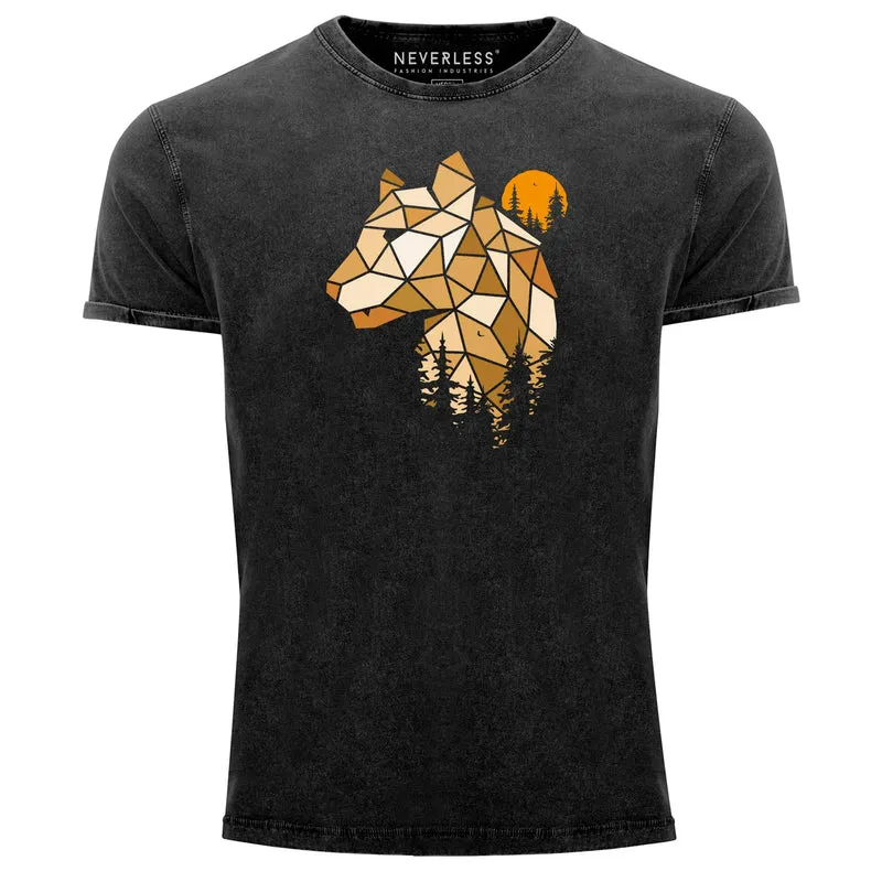 Herren Vintage Shirt Fashion Polygon Print Luchs Wald Tiere Outdoor Aufdruck Streetstyle