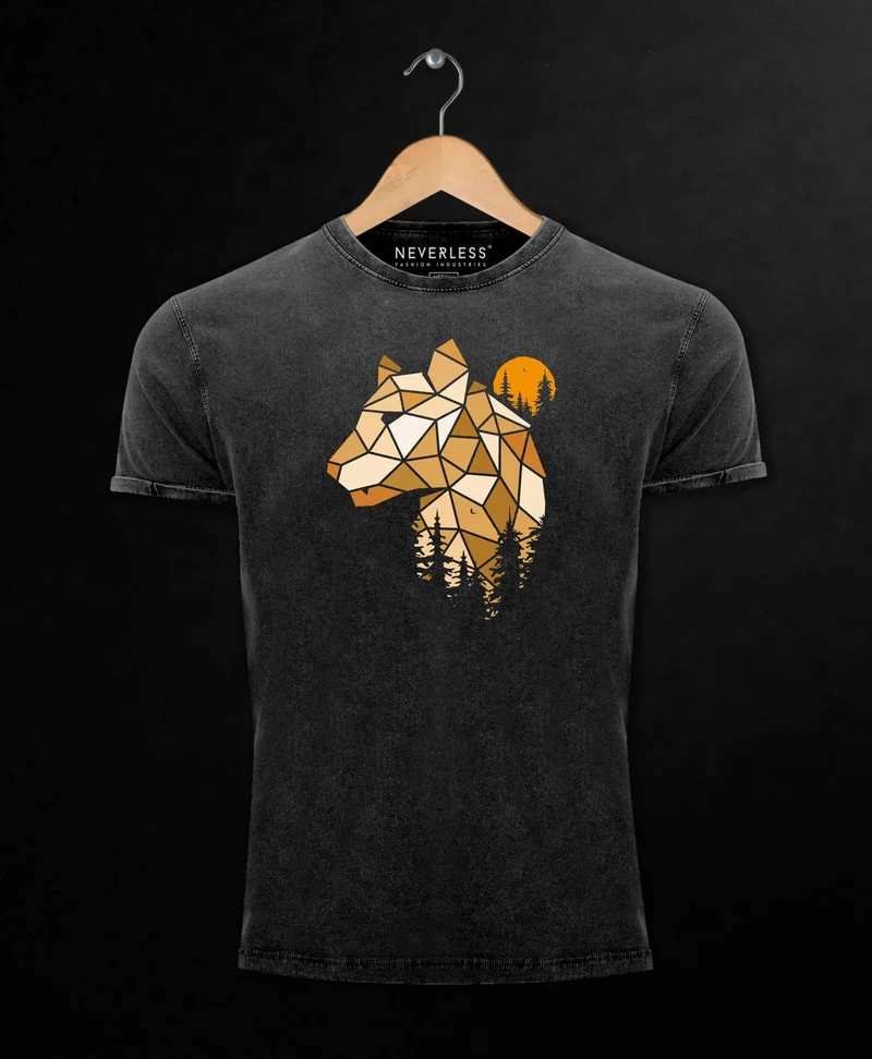 Herren Vintage Shirt Fashion Polygon Print Luchs Wald Tiere Outdoor Aufdruck Streetstyle