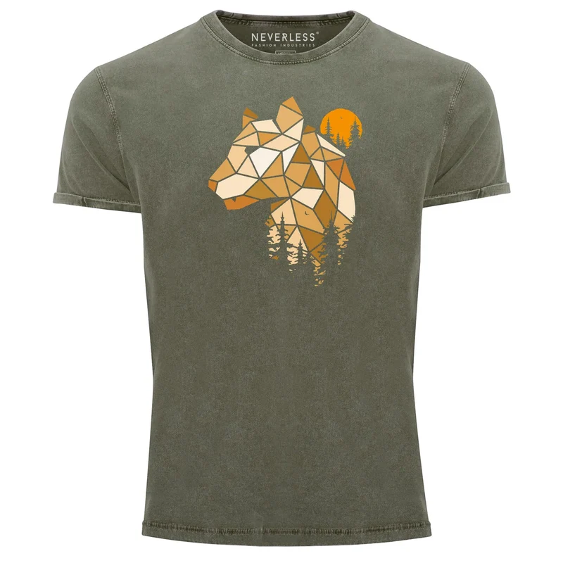 Herren Vintage Shirt Fashion Polygon Print Luchs Wald Tiere Outdoor Aufdruck Streetstyle