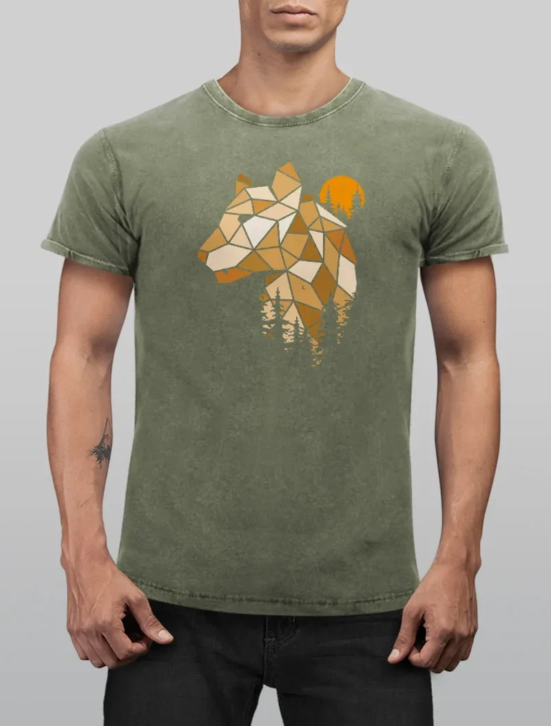 Herren Vintage Shirt Fashion Polygon Print Luchs Wald Tiere Outdoor Aufdruck Streetstyle