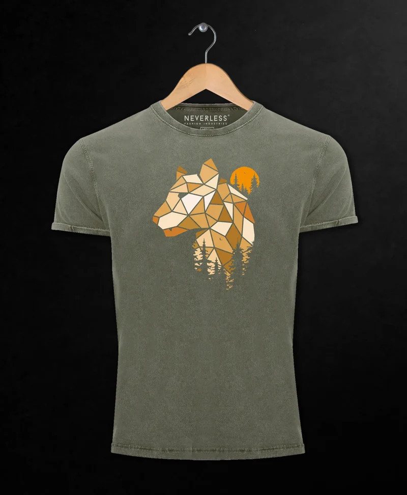 Herren Vintage Shirt Fashion Polygon Print Luchs Wald Tiere Outdoor Aufdruck Streetstyle
