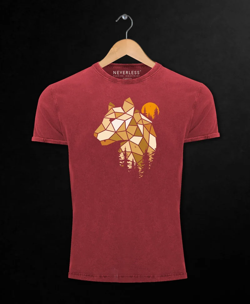 Herren Vintage Shirt Fashion Polygon Print Luchs Wald Tiere Outdoor Aufdruck Streetstyle