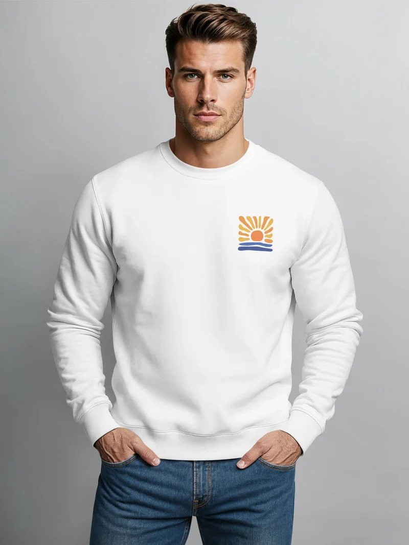 Sweatshirt Herren ohne Kapuze Brustlogo Frontprint Sunrise Icon Sonnenaufgang Wellen Pullover Fashion Streetwear