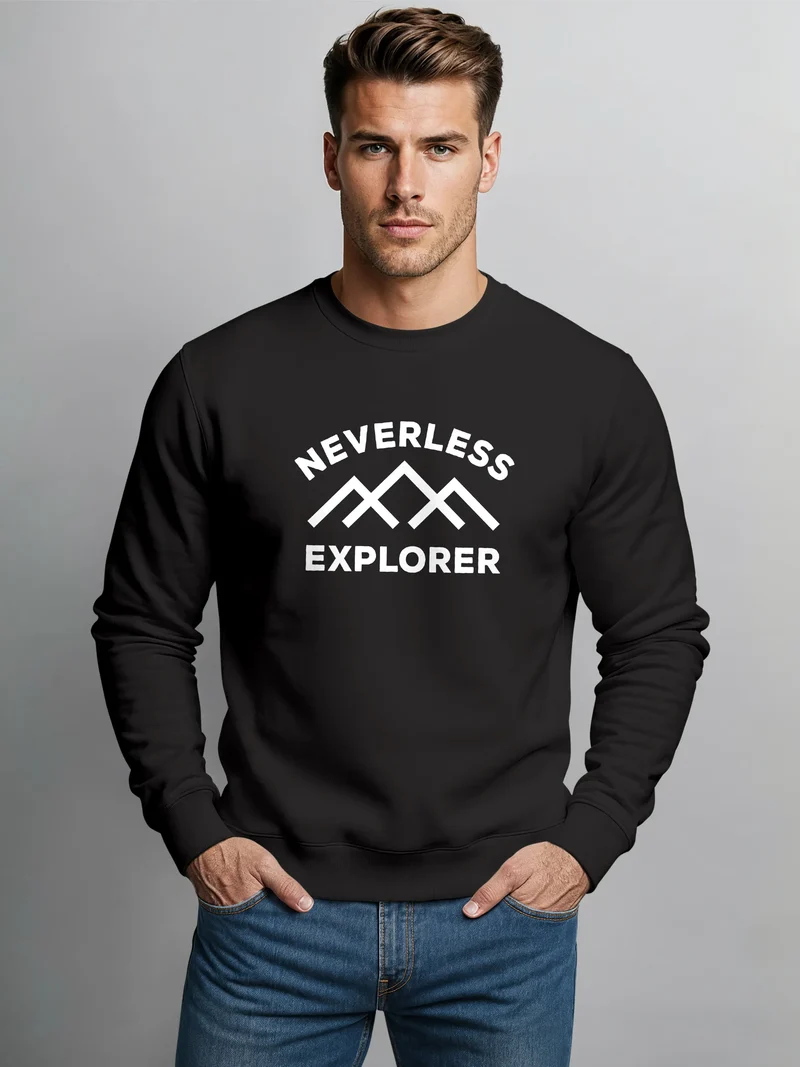 Sweatshirt Herren ohne Kapuze Frontprint Bergmotiv und Typografie Print Pullover Outdoor Fashion Streetwear