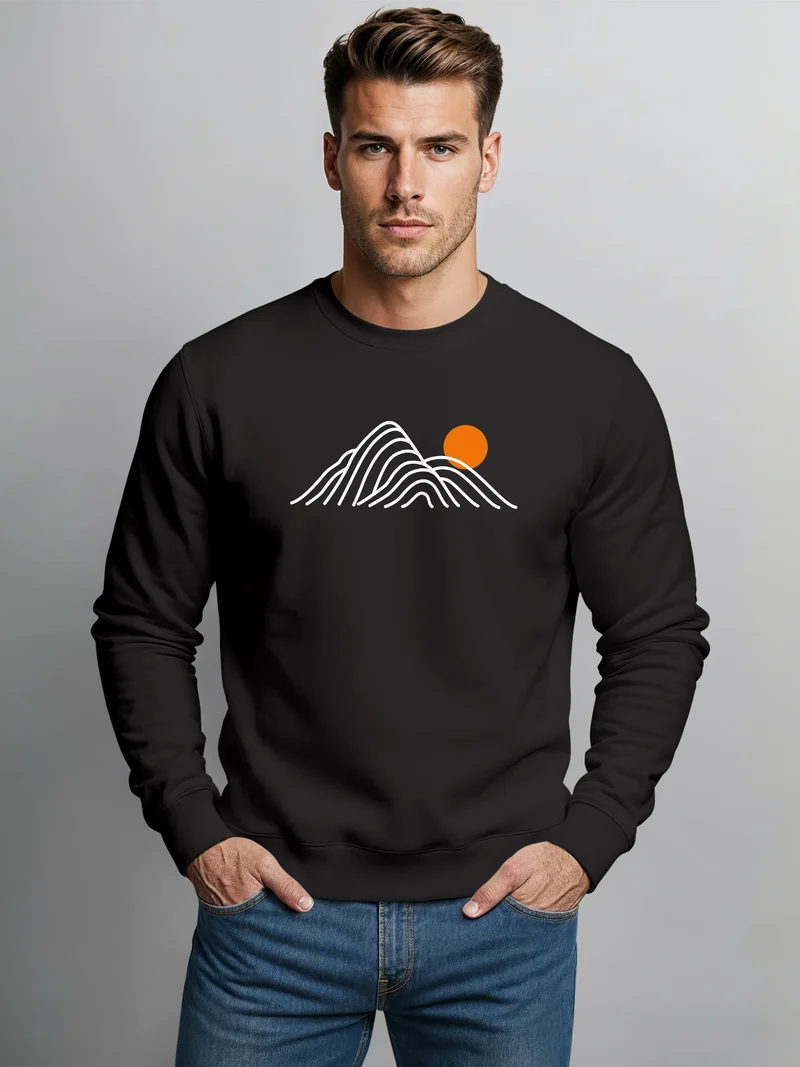 Sweatshirt Herren ohne Kapuze Frontprint Mountain Lines Rundhals-Pullover Fashion Outdoor Streetwear