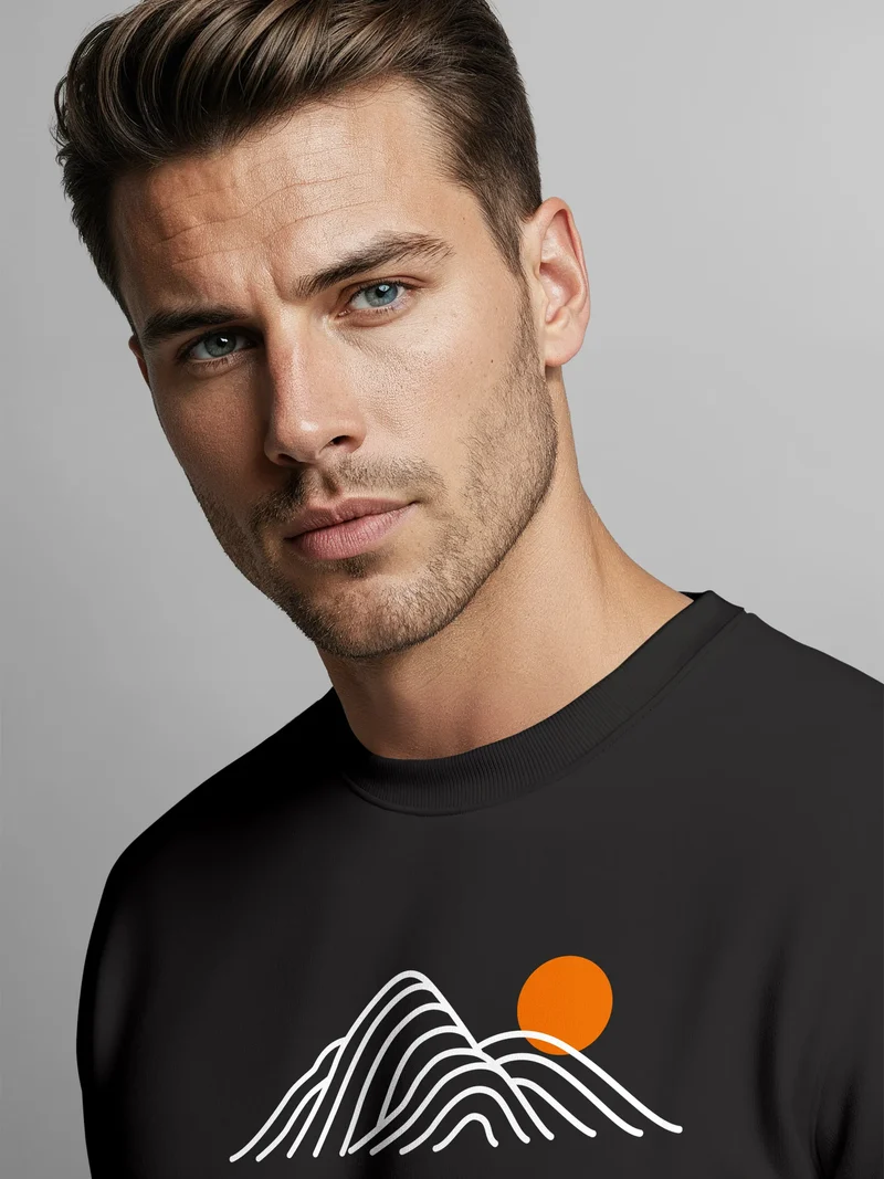 Sweatshirt Herren ohne Kapuze Frontprint Mountain Lines Rundhals-Pullover Fashion Outdoor Streetwear