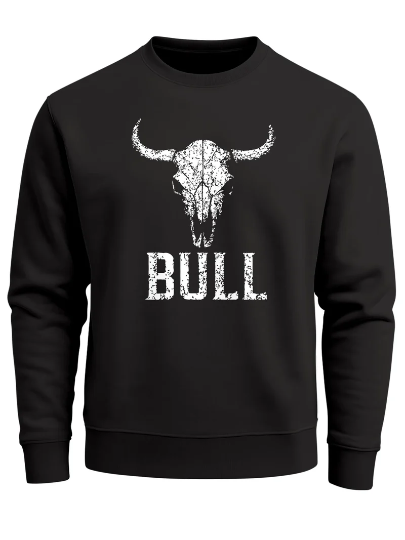 Sweatshirt Herren ohne Kapuze Frontprint Pullover Bullenschädel Distressed Design Aufdruck Fashion Streetwear