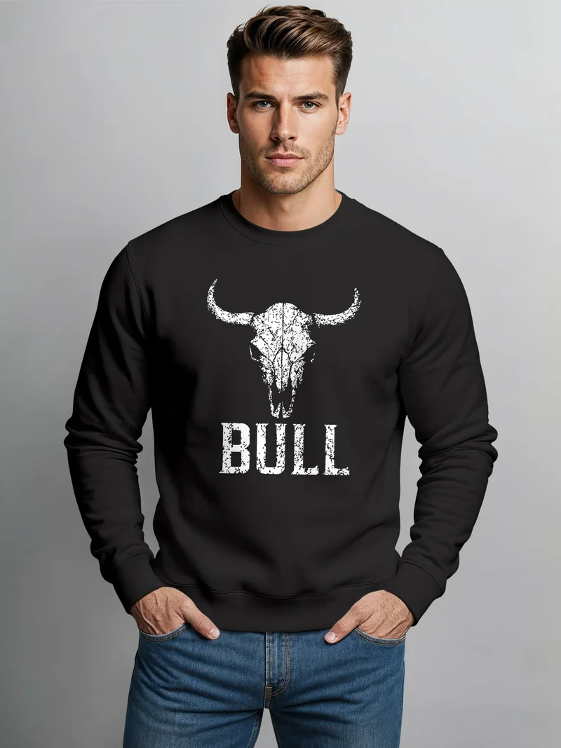 Sweatshirt Herren ohne Kapuze Frontprint Pullover Bullenschädel Distressed Design Aufdruck Fashion Streetwear