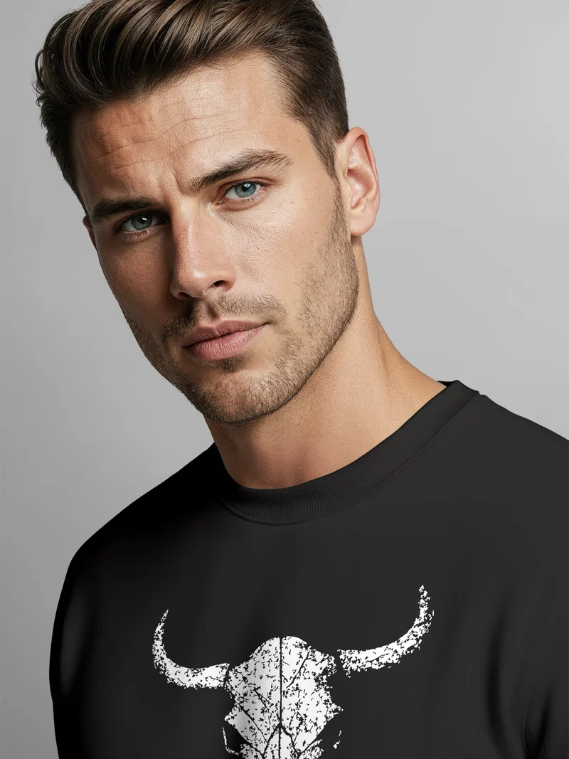 Sweatshirt Herren ohne Kapuze Frontprint Pullover Bullenschädel Distressed Design Aufdruck Fashion Streetwear