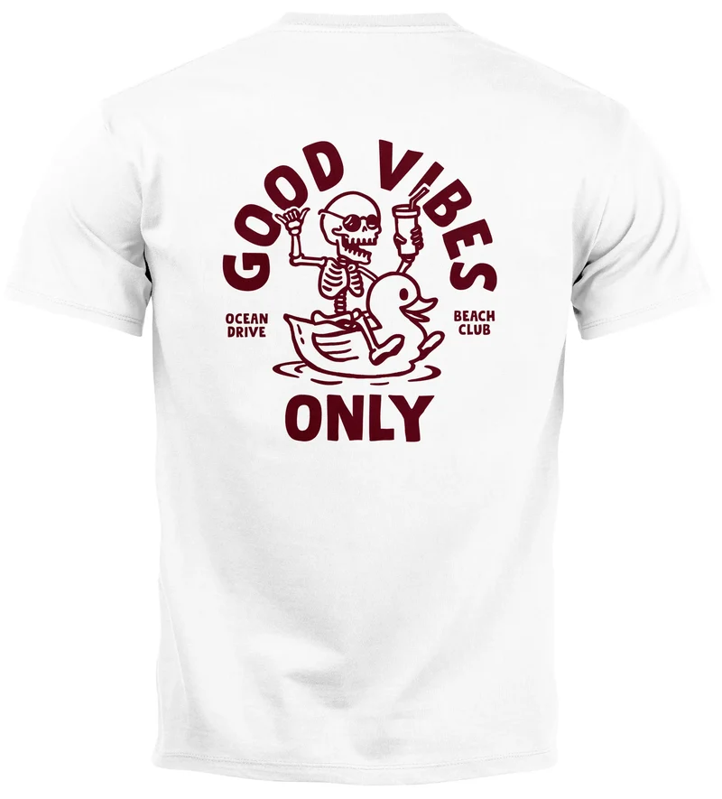 Herren T-Shirt Backprint Good Vibes Only Quitsche-Ente Motivprint Rückendruck Sommer Fashion Streetstyle