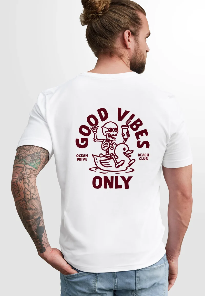 Herren T-Shirt Backprint Good Vibes Only Quitsche-Ente Motivprint Rückendruck Sommer Fashion Streetstyle