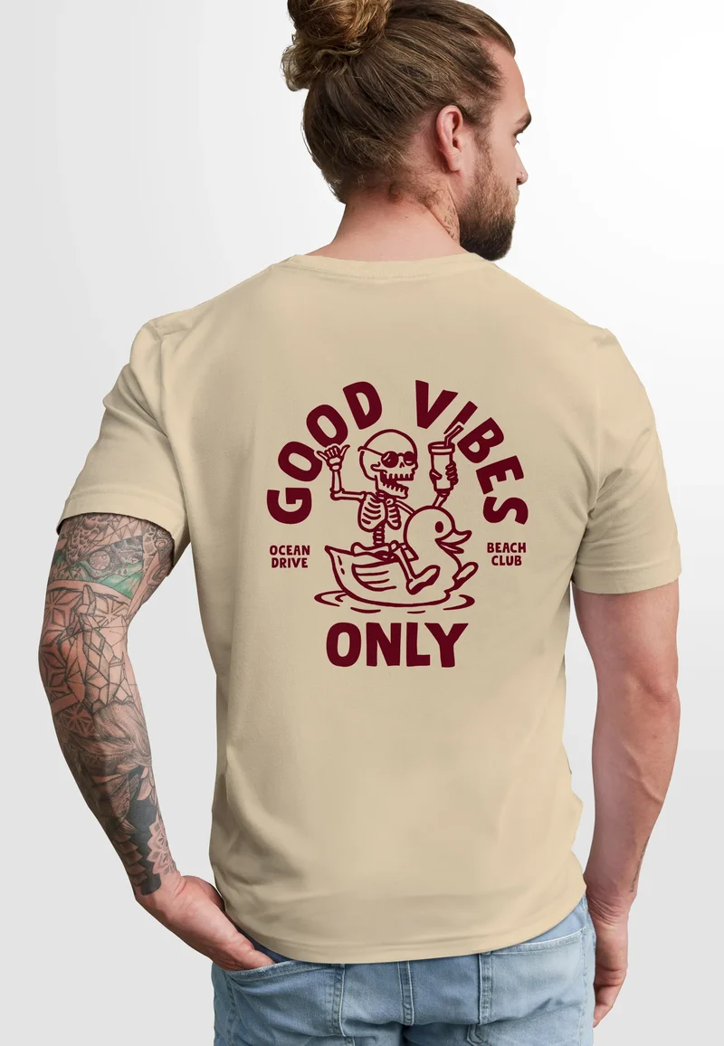 Herren T-Shirt Backprint Good Vibes Only Quitsche-Ente Motivprint Rückendruck Sommer Fashion Streetstyle