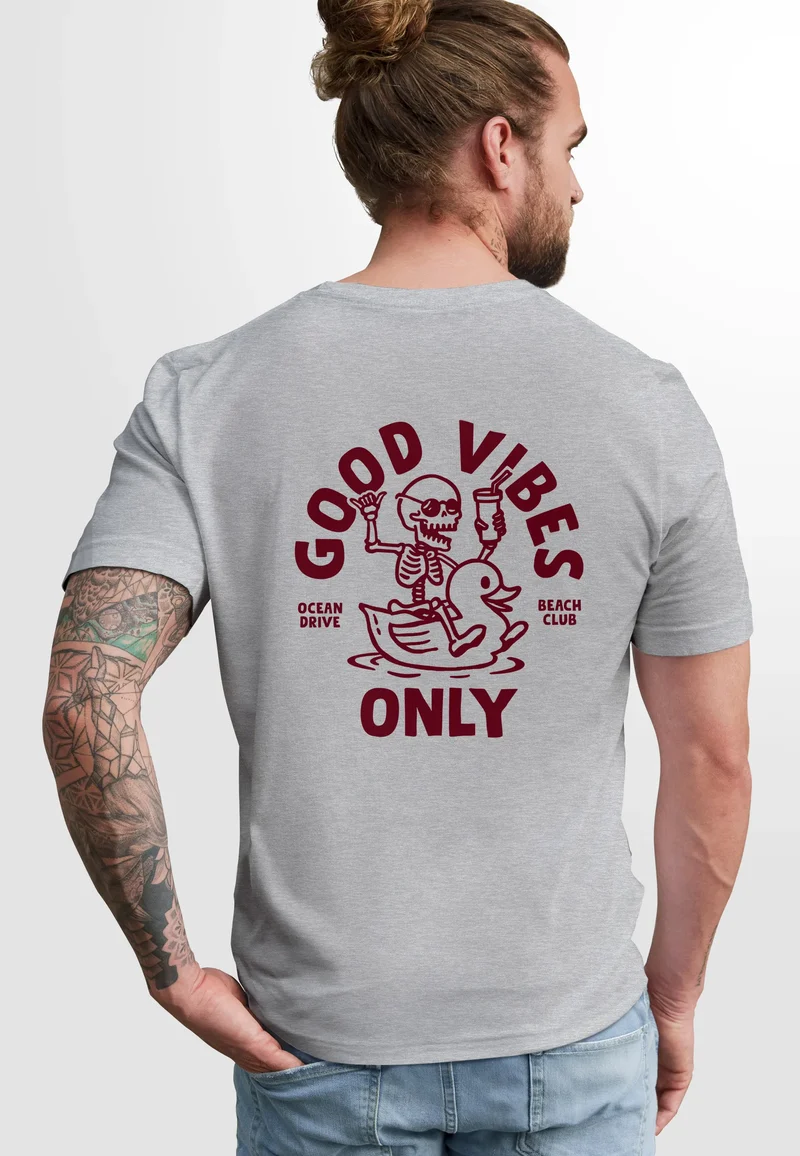 Herren T-Shirt Backprint Good Vibes Only Quitsche-Ente Motivprint Rückendruck Sommer Fashion Streetstyle