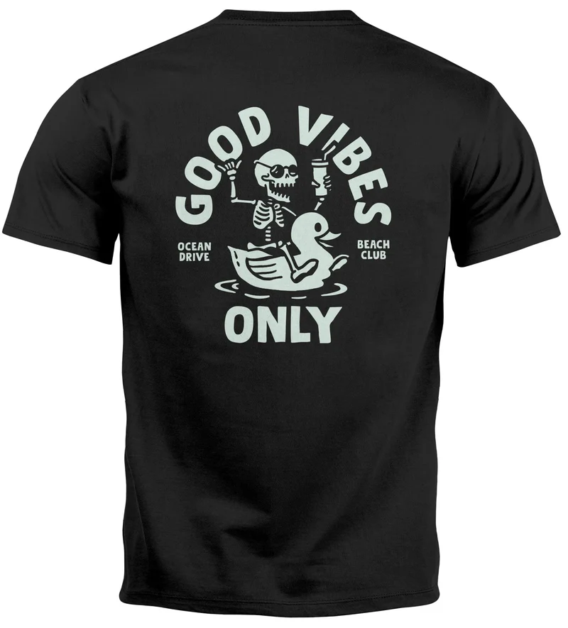 Herren T-Shirt Backprint Good Vibes Only Quitsche-Ente Motivprint Rückendruck Sommer Fashion Streetstyle