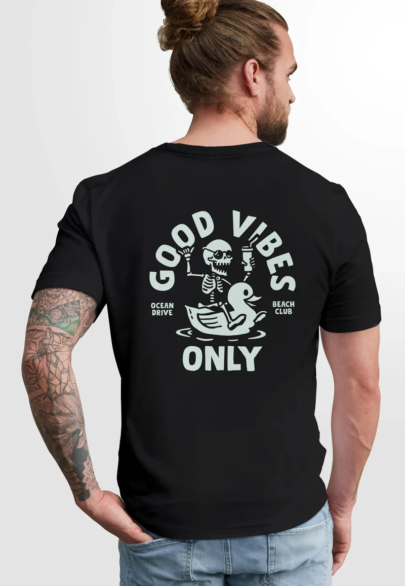 Herren T-Shirt Backprint Good Vibes Only Quitsche-Ente Motivprint Rückendruck Sommer Fashion Streetstyle