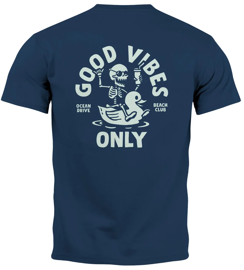 Herren T-Shirt Backprint Good Vibes Only Quitsche-Ente Motivprint Rückendruck Sommer Fashion Streetstyle