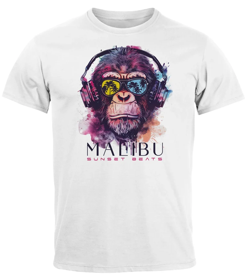 Herren T-Shirt Affe mit Kopfhörer Musik Motiv Party Festival Sommer Printshirt Fashion Streetstyle