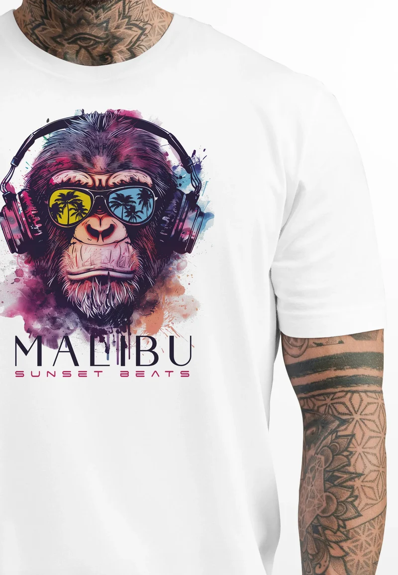 Herren T-Shirt Affe mit Kopfhörer Musik Motiv Party Festival Sommer Printshirt Fashion Streetstyle