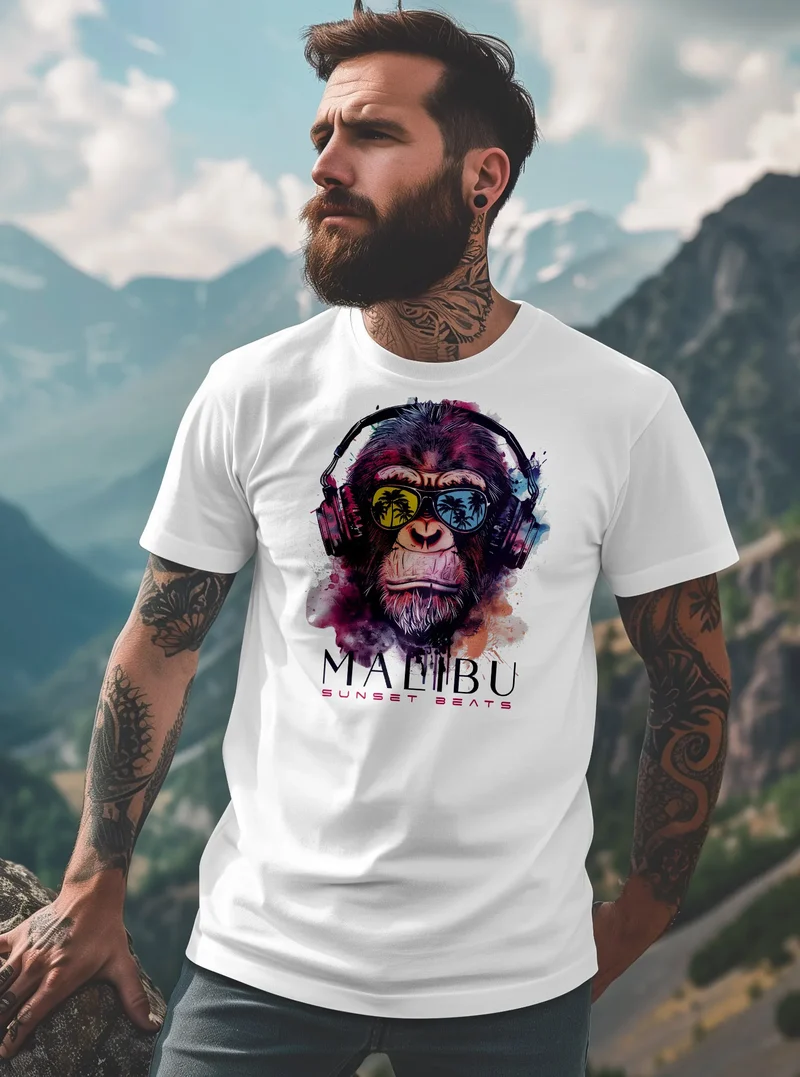 Herren T-Shirt Affe mit Kopfhörer Musik Motiv Party Festival Sommer Printshirt Fashion Streetstyle