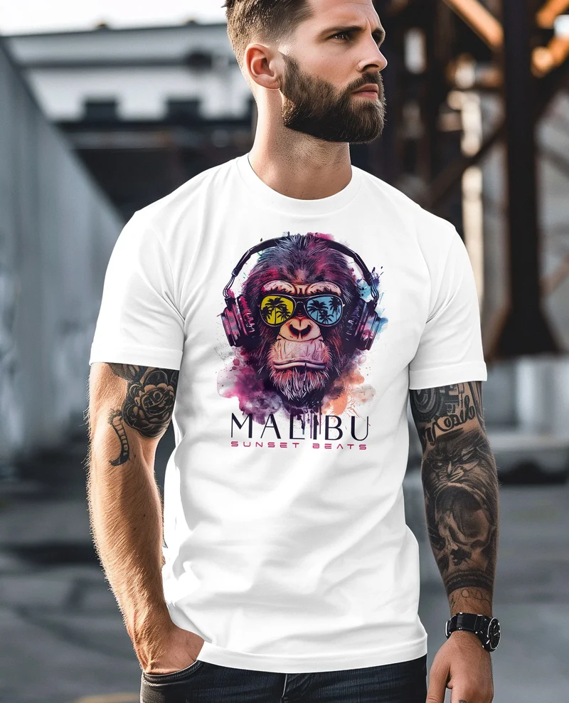 Herren T-Shirt Affe mit Kopfhörer Musik Motiv Party Festival Sommer Printshirt Fashion Streetstyle