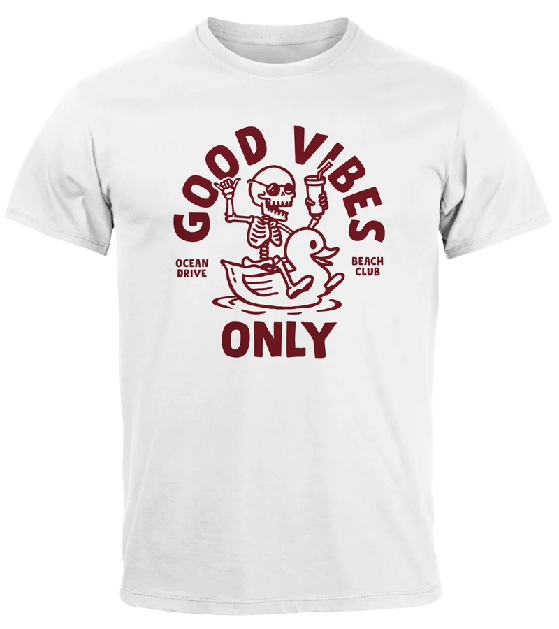 Herren T-Shirt Printshirt Spruch Good Vibes Only Skelett-Motiv Sommer Frontprint Fashion Streetstyle