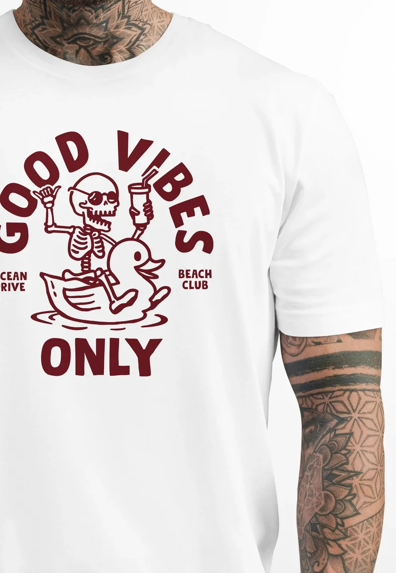 Herren T-Shirt Printshirt Spruch Good Vibes Only Skelett-Motiv Sommer Frontprint Fashion Streetstyle