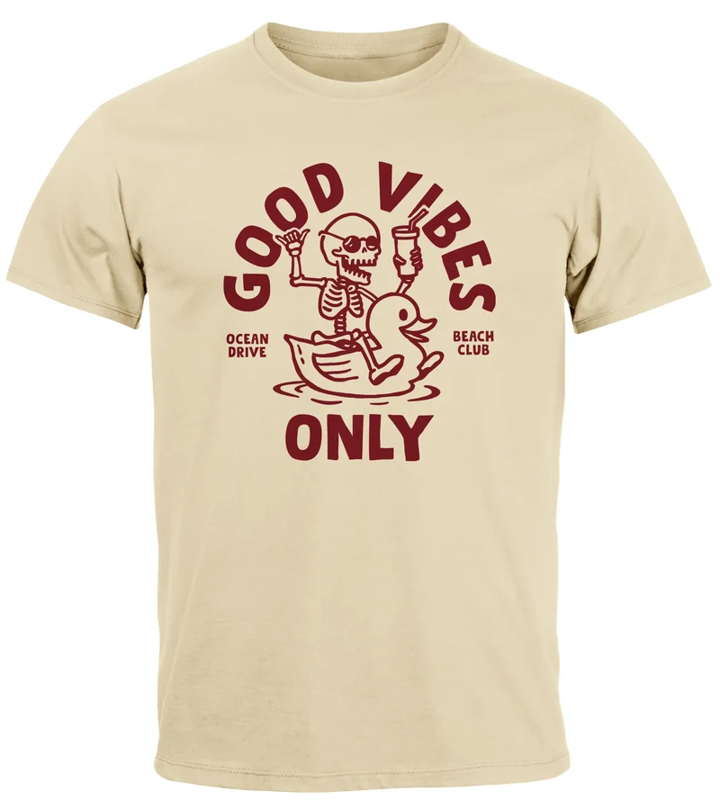 Herren T-Shirt Printshirt Spruch Good Vibes Only Skelett-Motiv Sommer Frontprint Fashion Streetstyle