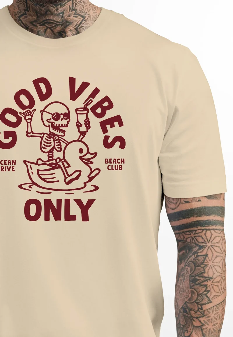 Herren T-Shirt Printshirt Spruch Good Vibes Only Skelett-Motiv Sommer Frontprint Fashion Streetstyle